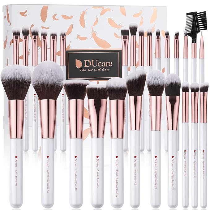 DUcare Makeup Brushes Set Professional 27Pcs Makeup Brushes Premium Synthetic Kabuki Foundation Blending Face Powder Blush Concealers Eye Shadows Make Up Brushes Kit White