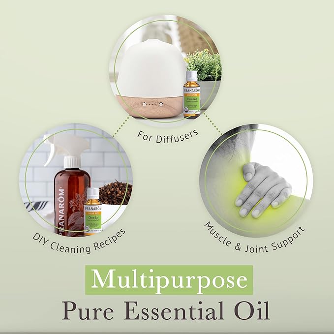 Pranarom USDA Certified Organic Clove Essential Oil (30ml), 100% Pure Undiluted Therapeutic Grade from Sri Lanka & Madagascar for Aromatherapy, Diffuser, Immune Support, DIY Cleaning, Warm Scent