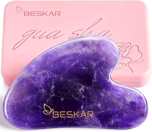 BESKAR Gua Sha Facial Tools, Natural Jade Stone Guasha Massager for Jawline Sculpting, Tighten Face Skin and Reduce Wrinkles, Face Eyes Body Neck Massage Tool, Skin Care Gift