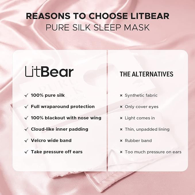 LitBear Silk Sleep Mask for Side Sleeper, Eye Mask Sleeping for Women Men 100% 22 Momme Pure Mulberry Silk, Face-Hugging Padded Eye Cover for Sleeping with Adjustable Band (Pink)