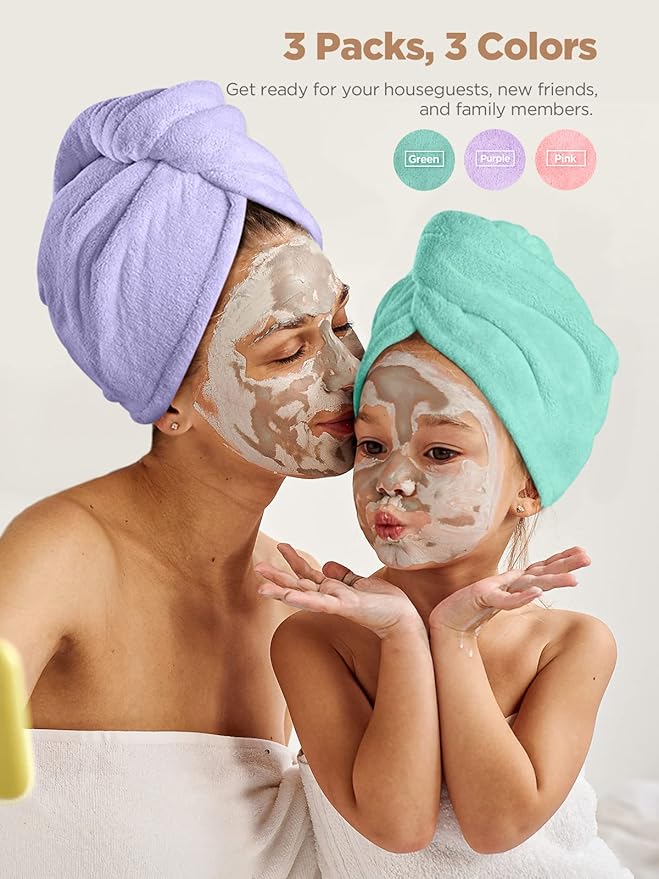 Hicober Microfiber Hair Towel, 3 Packs Hair Turbans for Wet Hair, Drying Hair Wrap Towels for Curly Hair Women Anti Frizz (Pink,Purple,Green)