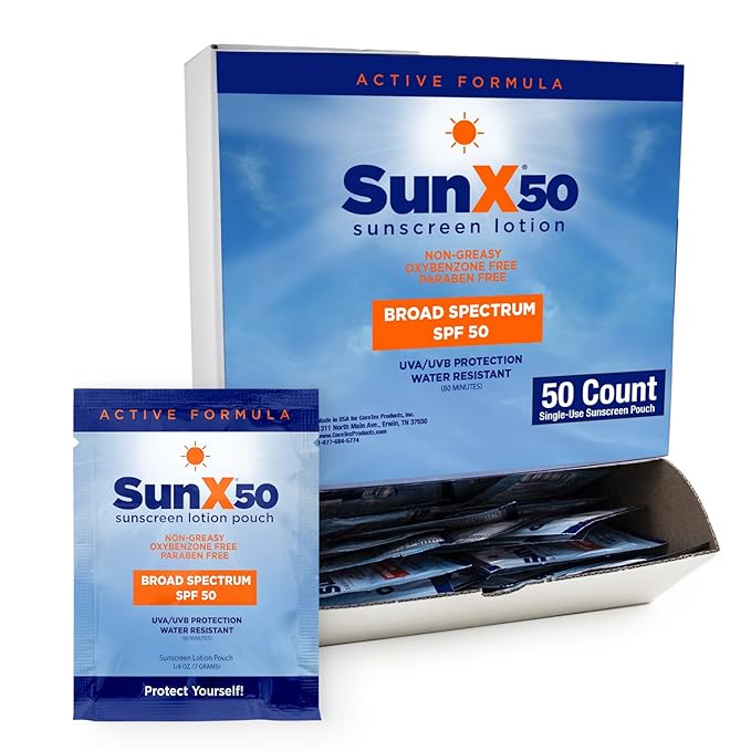 Sun X 50 SPF Individual Sunscreen Packets Travel Size - Pack of 50 Paraben, Oxybenzone, & White Cast Free Broad Spectrum SPF Sunscreen Packets - Water & Sweat Resistant For Up To 80 Minutes