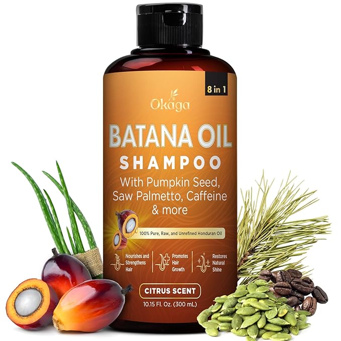Batana Oil Shampoo for Hair Growth, Aloe Vera Leaf Juice, Saw Palmetto, Caffeine, Hydrolyzed Rice Protein, Pumpkin Seed, Castor & Rosemary Oils, 8-in-1 Natural Formula (10.15 fl oz Citrus Scent)