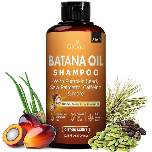 Batana Oil Shampoo for Hair Growth, Aloe Vera Leaf Juice, Saw Palmetto, Caffeine, Hydrolyzed Rice Protein, Pumpkin Seed, Castor & Rosemary Oils, 8-in-1 Natural Formula (10.15 fl oz Citrus Scent)