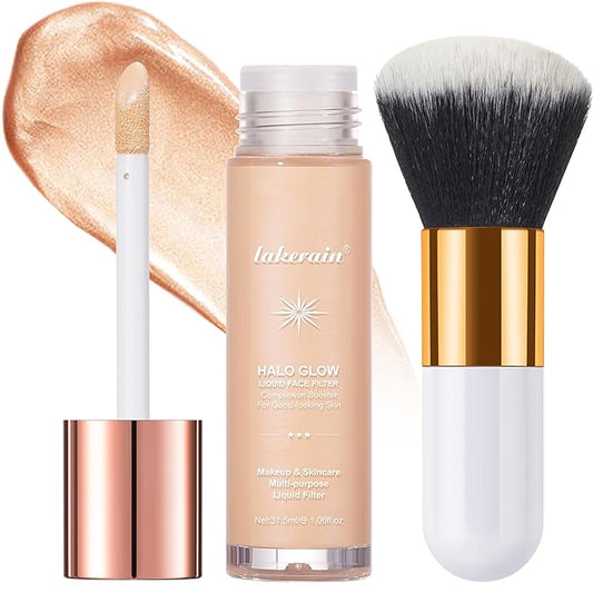 Natural Glow Liquid Filter Makeup, Longwear Face Luminizer, Complexion Booster For Any Part of the Body, Liquid Highlighter with Brush Kit, Infused Hyaluronic Acid, 1.06 fl oz (#01 FAIR)