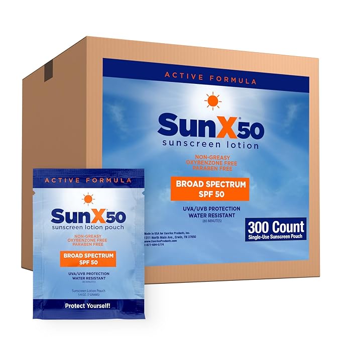 Sun X 50 SPF Individual Sunscreen Packets Travel Size - Pack of 300 Paraben, Oxybenzone, & White Cast Free Broad Spectrum SPF Sunscreen Packets - Water & Sweat Resistant For Up To 80 Minutes