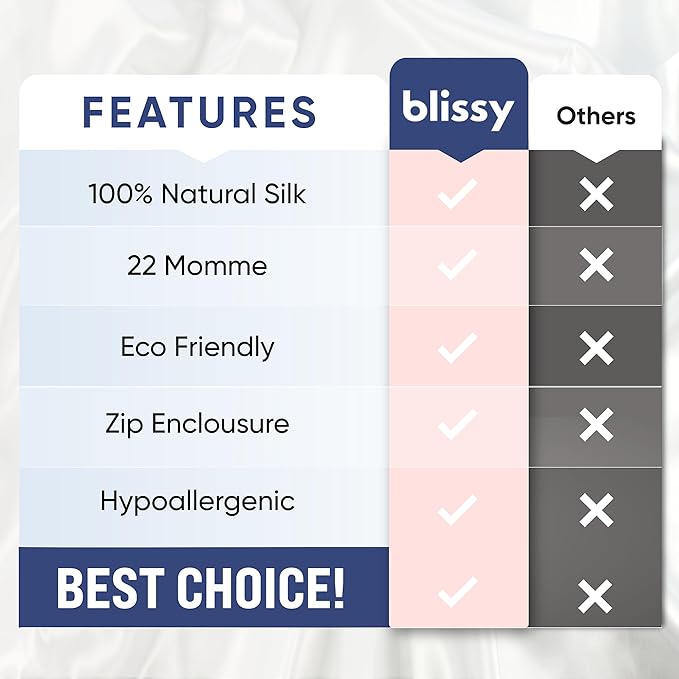 Blissy Silk Pillowcase - 100% Pure Mulberry Silk - 22 Momme 6A High-Grade Fibers - Silk Pillow Cover for Hair & Skin - Regular, Queen & King (Black, Queen)