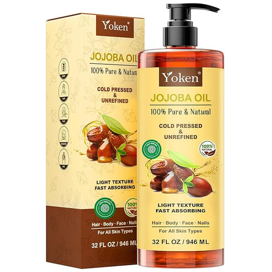 Yoken 32 fl oz (EWG Verified) 100% Pure Jojoba Carrier Oil - Unrefined, Hexane-Free, Cold Pressed for Skin, Face, Hair, Nails, and Massage
