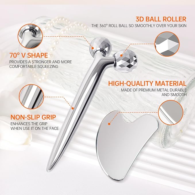 3D Gua Sha Facial Tools Metal Face Roller Stainless Steel Gua Sha Set Cooling Massage Tools for Reduce Puffiness, Firm Skin, Anti-Aging Care - Daily Facial Sculpting Gift for Women