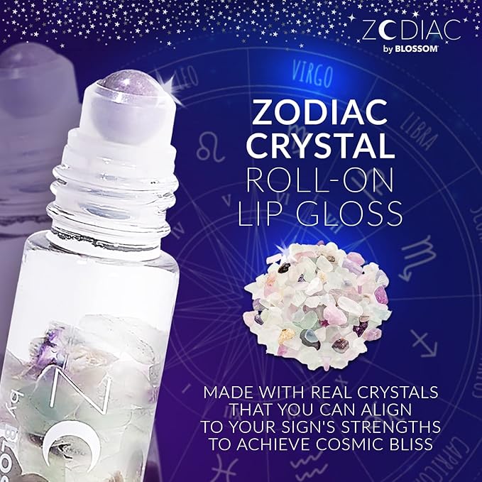 Blossom Juicy Jelly Moisturizing Lip Care Fruit Flavored Nourishing Lip Oil + Zodiac Sign Vanilla Scented Roll On Lip Gloss with Crystals, 2 Pack Bundle, Grape/Virgo