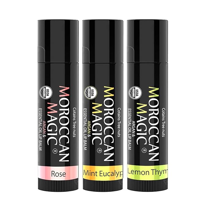 Moroccan Magic Organic Lip Balm Variety Pack Gift Set | Natural Argan and Essential Oils | Quality Smooth Application | Non-Toxic Cruelty Free | Rose, Peppermint Eucalyptus, Lemon Thyme | 3 Pack