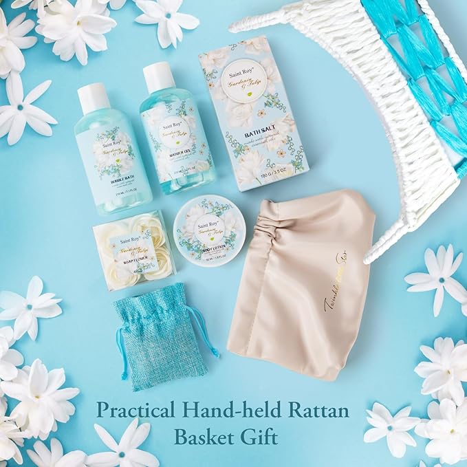 Mother's Day Gift for Mom Spa Gift Baskets for Women, Gardenia Tulip Home Spa Kit with Cosmetic Bag gift woman. Bath & Body Basket Set 8Pcs Bath and Body Gifts Set, Luxury Gift Basket