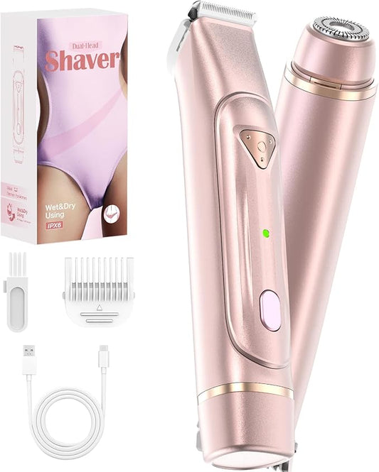 Electric Bikini Trimmer for Women - Dermave Bikini Shaver, Waterproof Dual Head Shaver (Pink)