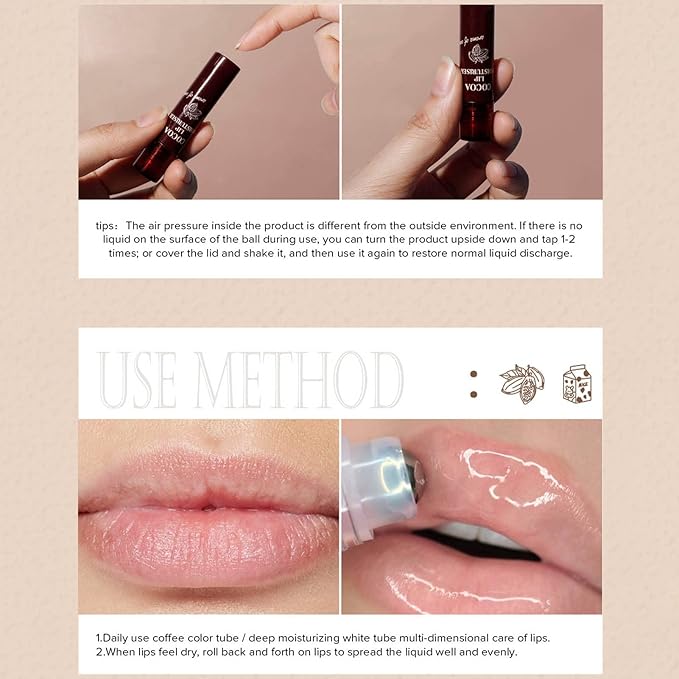 2pcs Lip Balm, Cocoa Bean Lip Oil, Milk Lip Oil, Hydrating Nourishing Roll On Lip Gloss Roll On Design Overlay Different Aroma
