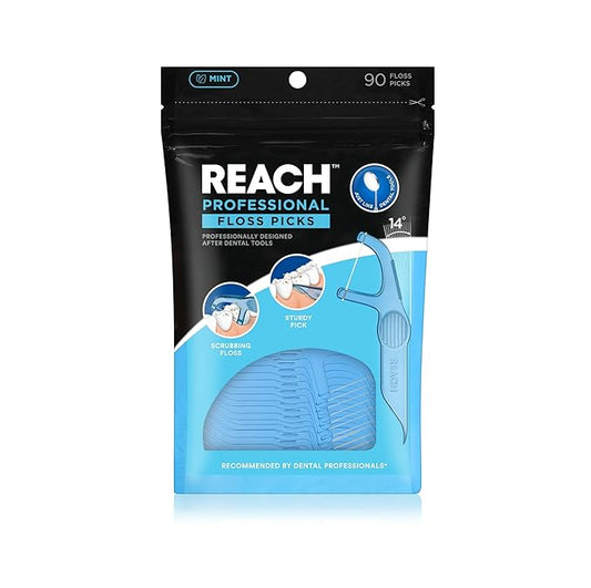 REACH Dental Floss Picks, Mint, Plaque Remover for Teeth, for Hard to Reach Areas, Easy Grip Handle, Comfortable Multi-Use Flosser for Adults, Oral Care, PFAS Free, 90 Count