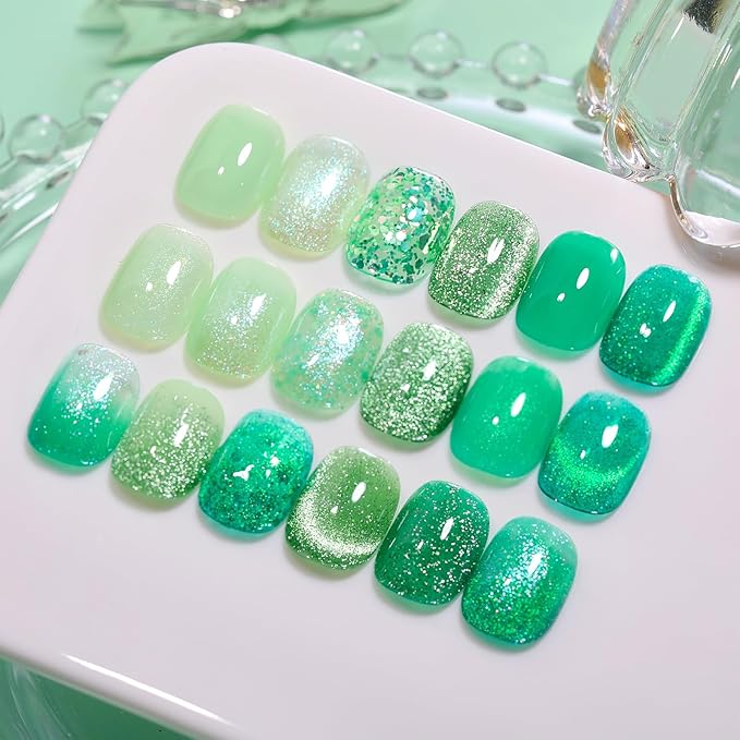 Born Pretty Gel Nail Polish Green Series,Jelly Transparent Gel Nail Polish, Cat Magnetic Eye,Shimmer Glitter Holographic Green Gel Polish Kit for Salon Manicure and Nail Art DIY at Home 6PCS 7ml