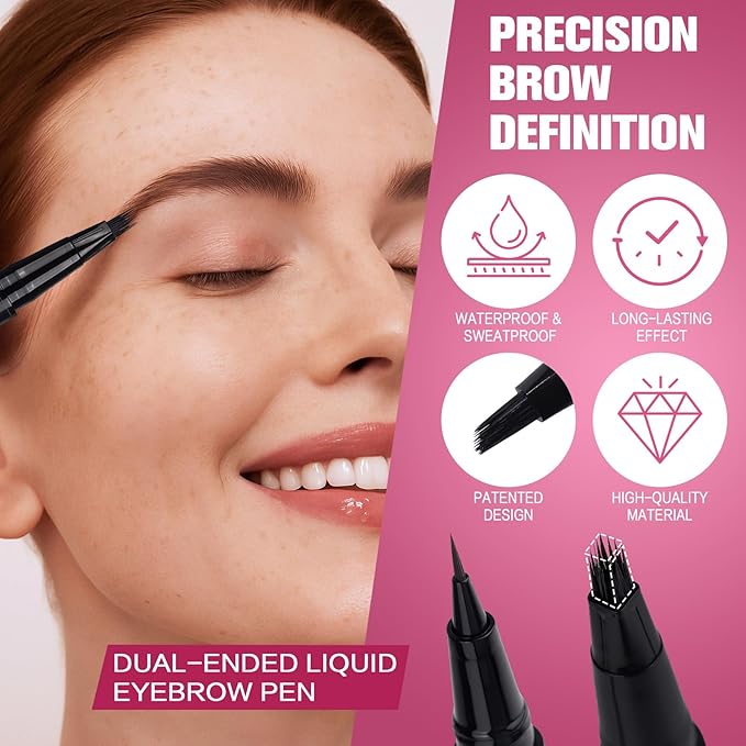 Dual Ended Microblading Eyebrow Pen - 2 in 1 Liquid Eyebrow Pencil with Brow-Fection Angled Brush & Precise Detail Brush-Tip, Shapes & Fills HairLike Looking Brows, Lasts All-Day, Soft Black