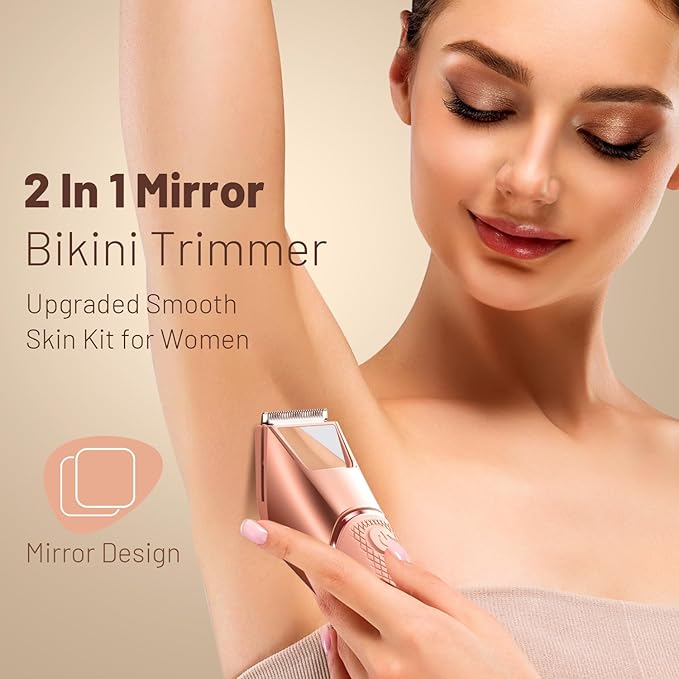 Bikini Trimmer for Women: Mirror Electric Shaver for Body Pubic Hair with LED Light, IPX7 Waterproof Portable Lady Facial Razor with Ceramic Blade,Rechargeable Body Groomer for Leg,Arm,Underarm