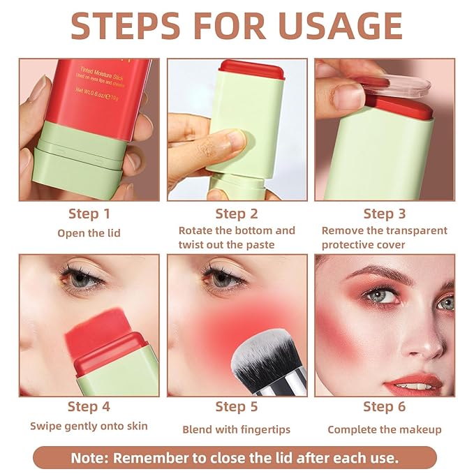 Cream Blush Stick for Cheeks, Multi-Use Makeup Blush Brush-Orange Coral