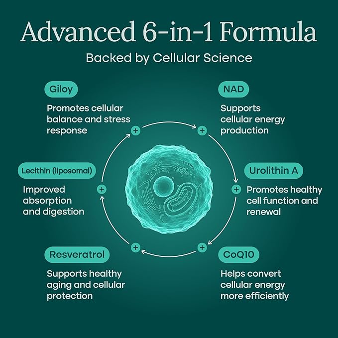 Liposomal NAD+ Supplement 500mg with Urolithin A, CoQ10, Resveratrol & Giloy (Made in USA) Mitochondrial, Cellular Energy, Cognitive, Anti-Aging & Detox Support - 3rd Party Tested Vegan, Non-GMO