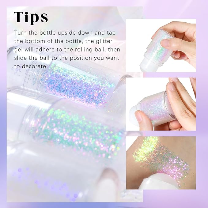 2 Colors Roll-on Body Glitter Gel, Holographic Glitter Gel Under Light for Face Hair, Body Shimmer for Rave Accessories Christmas New Year Halloween Makeup (11+12)
