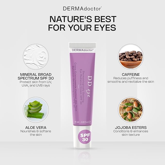 DERMAdoctor DD Caffeine Eye Cream for Dark Circles, Illuminator, Anti Aging, Eye Cream with SPF 30 for Puffiness, Bags Under Eyes, Defining Radiance Under Eyes Cream; Dermatologist Formulated - 0.5 oz