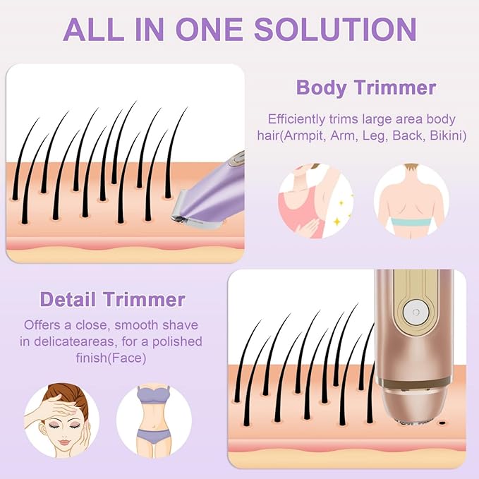 Bikini Trimmer for Women, 2-in-1 Electric Razor for Women, IPX6 Waterproof Wet & Dry Dermave Bikini Shaver, Rechargeable Pubic Hair Trimmer, Electric Shaver for Legs Body Face Hair