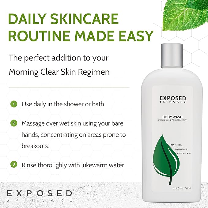 Exposed Skin Care Body Wash - Back and Body Acne Wash with Salicylic Acid and Tea Tree Oil – Exfoliating Bacne Treatment for Clearer, Healthier Skin – Body Cleanser for All Skin Types (12 fl oz)