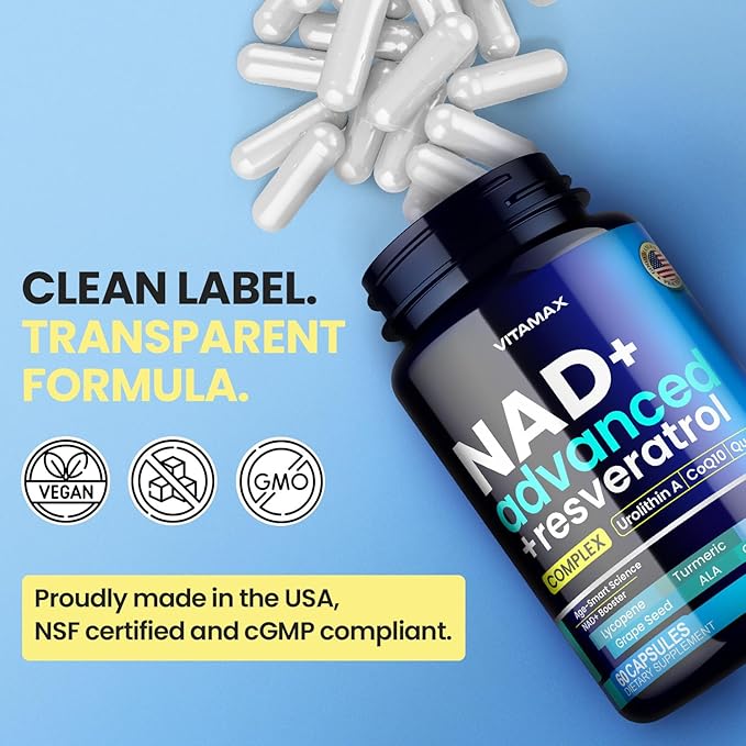 NAD Supplement Extra Strength - Liposomal + Resveratrol for Women & Men, CoQ10, Alpha Lipoic Acid, Green Tea, Quercetin, Urolithin A, Lycopene – High Purity Anti-Aging, Energy & Regeneration – 60ct