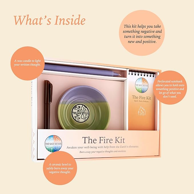 The Fire Kit by Two Sage Sisters - Self Care Kit with Ceramic Bowl, Notebook, Candle, and Marker, Pamper and Self Care Gifts for Women and Men, Mens and Womens Care Package for Healing, Self-Nurturing