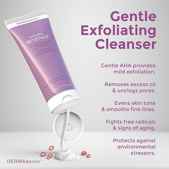 DERMAdoctor Antioxidant Enhanced Glycolic Acid Facial Cleanser, Dermatologist Formulated Gentle Cream Exfoliating Fragrance Free Face Wash for Men and Women - 7.10 oz