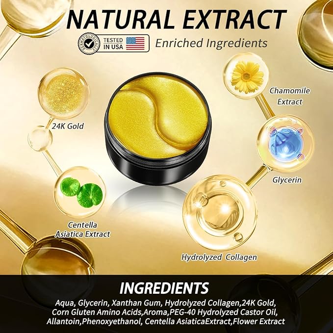 24k Gold Under Eye Patches - 60 Pcs Eye Mask Pure Gold Anti-Aging Collagen Hyaluronic Acid Under Eye Mask for Dark Circles, Puffiness & Wrinkles Refresh Your Skin