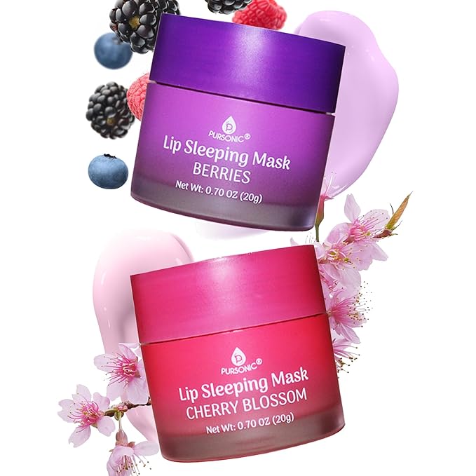 PURSONIC Lip Mask Overnight for Ultimate Lip Care - Hydrating Lip Moisturizer for Plump Lips Infused with Double Flavor Cherry Blossom and Berries - 2 Packs