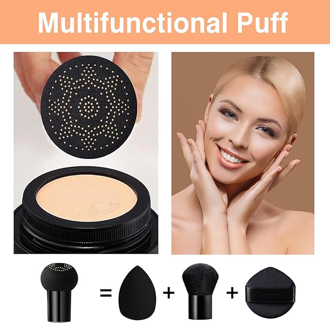 2Pcs Mushroom Head Air Cushion CC Cream, Long Lasting Oil Control BB Cream for All Skin Types, Moisturizing Foundation Face Makeup Set with Foundation Brush （#Natural）