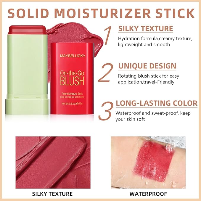 Cream Blush Stick for Cheeks, Multi-Use Makeup Blush Brush-Hot Red