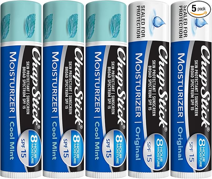 ChapStick Lip Balm Moisturizer 2-in-1 Lipcare SPF 15 Bundle – Cool Mint 3-Pack + Original 2-Pack, 0.15 Oz Ea (5 Piece Set)