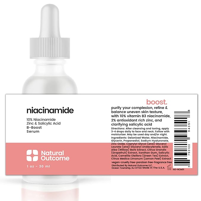 Niacinamide Serum for Face by Natural Outcome Skin Care, B-Boost Niacinamide 10% Plus Zinc 2% Salicylic Acid + Hyaluronic Acid, Acne Treatment + Pore Reducing Serum + Skin Balancing