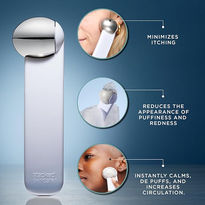 StackedSkincare Ice Roller for Face and Eyes - Stainless Steel Facial Ice Roller for Puffiness, Undereye Bags, Redness, Skin Cooling, and Lymphatic Drainage Massage - Face Roller for Women and Men