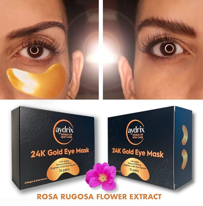 24K Gold Under Eye Mask Treatment - Corrects Puffy Eyes, Dark Circles - Reduces Wrinkles, Fine Lines and Hydrates Your Skin - 15 Golden Eye Mask Pairs