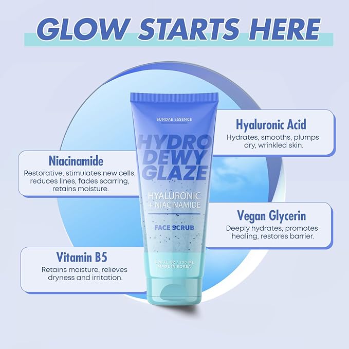 Hyaluronic Acid Facial Scrub - Dermatologist Tested, Anti-Aging, Korean Skin Care, Hydrates & Plumps Dry Skin, Improves Texture & Firmness - Gentle, Vegan, 95% Natural - 1 Pack