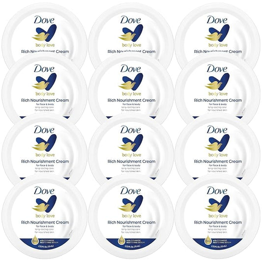 Dove Body Love Rich Nourishment Cream, Face, Hand & Body Lotion for Extremely Dry Skin, Fast-Absorbing 72-Hour Moisturizing Cream with Ceramide Serum, Travel Size, 2.53 Oz (Pack of 12)