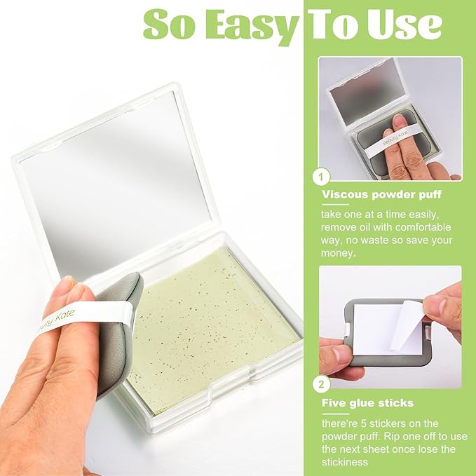 2 Pack Oil Blotting Sheets for Face, Oil Blotting Paper Green Tea Total 100 sheets with Portable Mirror Case & Makeup Puff Makeup Friendly