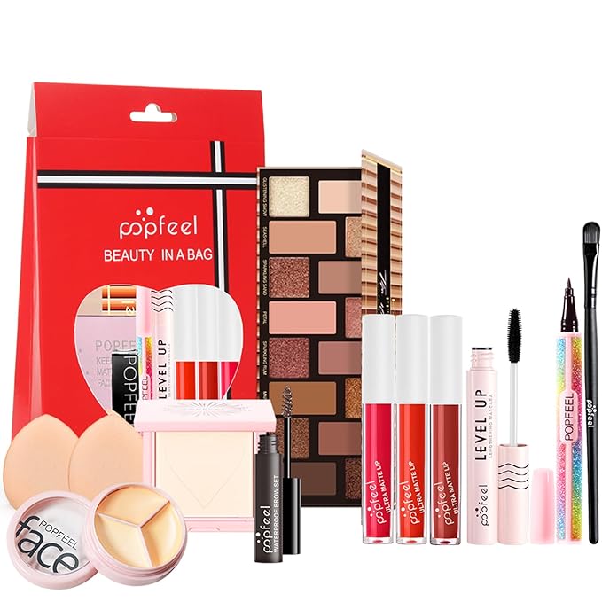 All-in-one Holiday Makeup Gift Set | Full Makeup Kit for Women Multipurpose Essential Bundle Include Eyeshadow Palette Lipstick Blush Concealer Face Powder Eyeliner Mascara Lipgloss Brush