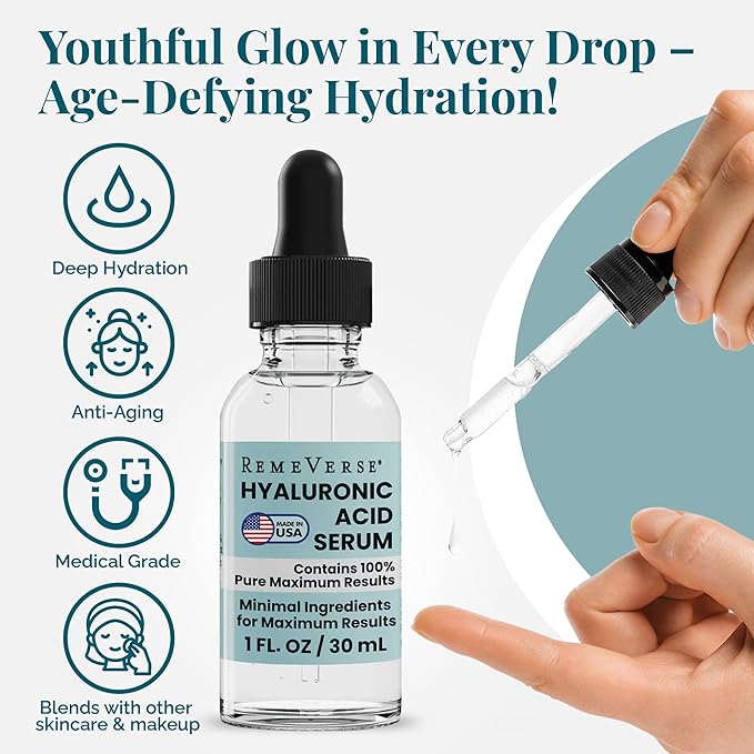 RemeVerse Hyaluronic Acid Serum - 100% Pure Formulation for Face, Lips & Décolleté - Intense Moisture for Dry Skin & Fine Lines - Wrinkle-Reducing Formula for a Youthful & Plump Appearance, 1 oz