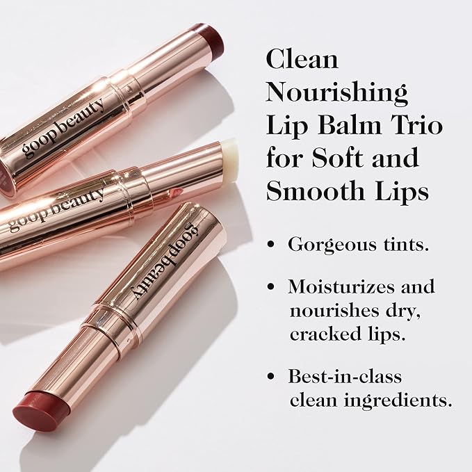 goop Beauty Lip Balm Trio | Moisturizing & Hydrating Lip Balm for Chapped & Dry Lips | Clear, Translucent Garnet, & Sheer Rose | Lip Tint with Nourishing Formula | Petroleum Free | 0.16 oz Each