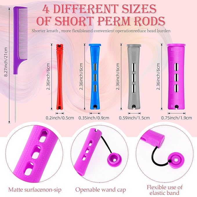 48 Pieces Hair Perm Rods Short Cold Wave Rods Plastic Perming Irons Hair Curling Rollers Curlers with Steel Pintail Comb Rat Tail Comb for Hairdressing Styling Supplies(4 Sizes,4 Colors)