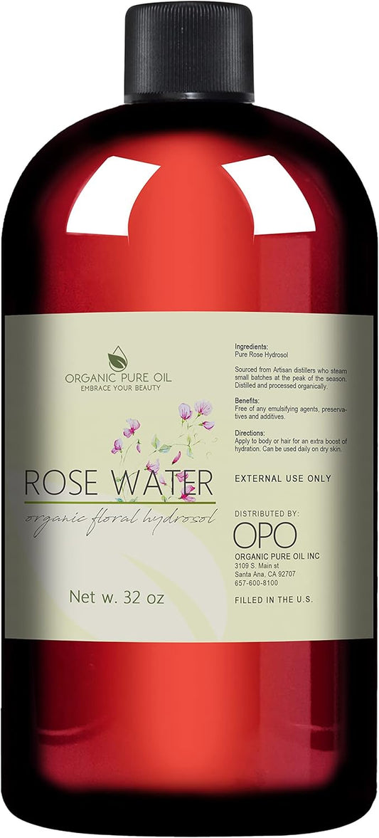 32 oz Rose Hydrosol Water – 100% Pure Rosewater Spray Mist Bulk – Hydrating Face Toner Rose Water for Skin and Hair Linen Spray for Sheets Room Freshener Body Spray Refill by Organic Pure Oil