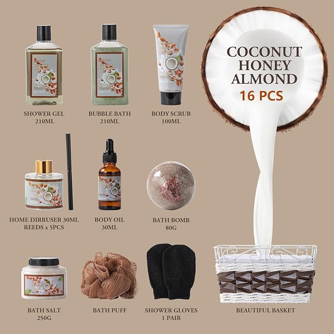 Fathers Day Gifts for Men for Dad Bath and Body Gift Basket For Women & Men Spa Gift Basket Coconut Almond 16 Pcs Bath Gift Set With Fragrant Lotion, Home Spa Luxurious Bath Body Oil, Diffuser & More