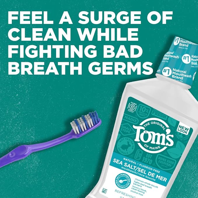 Tom's of Maine Sea Salt Natural Alcohol-Free Mouthwash, Refreshing Mint, 16 Fl Oz (Pack of 6)(Packaging May Vary)
