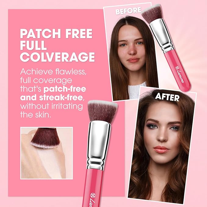LAMORA Foundation Brush for Liquid Makeup - Kabuki Face Brush for Cream, Powder, Blush, and Concealer - Flat Top Blending, Buffing, Stippling Brush